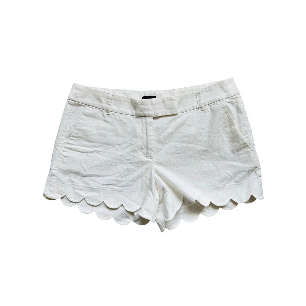 J.Crew Scallop Hem Linen Blend Shorts White Coastal Preppy Size 10